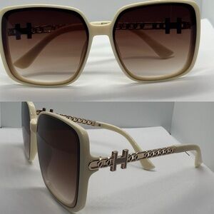 NWT Chic Oversized Square "H" Chain Leg Cream Beige Gradient Sunglasses UV400